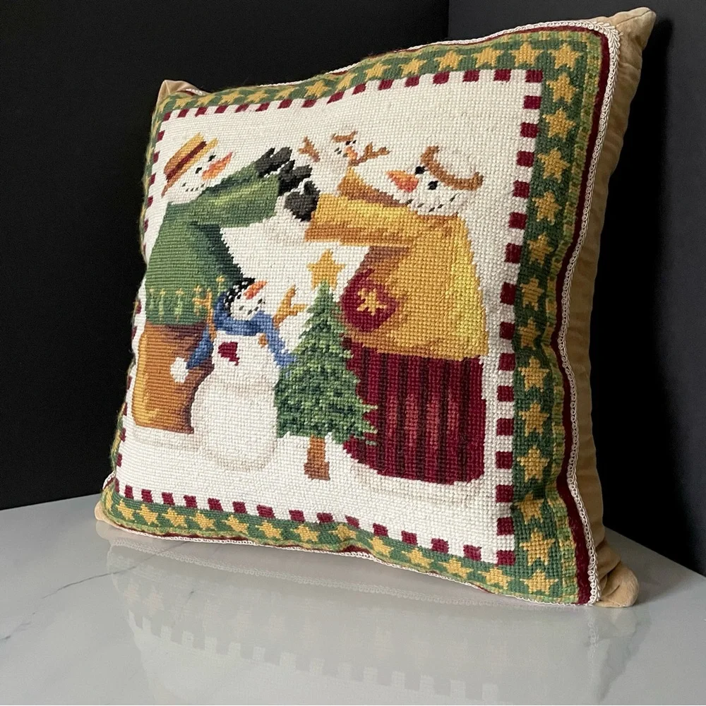 Snowman Family Needlepoint Holiday Pillow